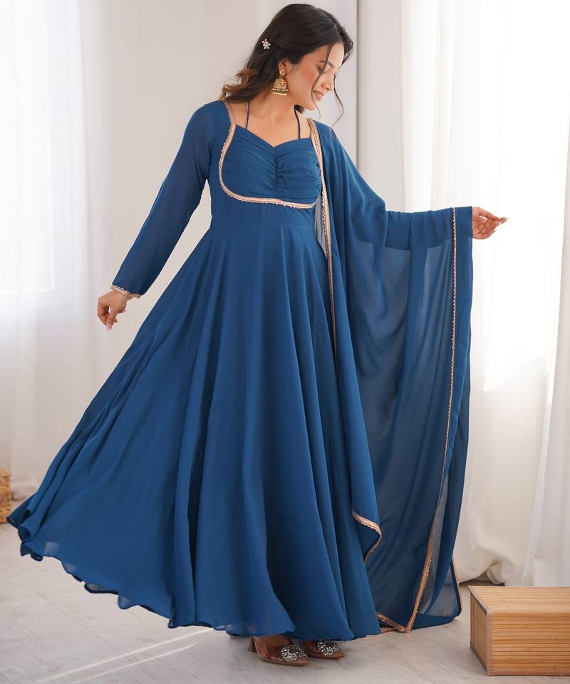 Teal blue pure fox blooming georgette fully stitched flared anarkali gown with designer dori neck