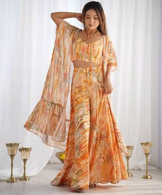 Peach orange floral printed soft fox georgette fully stitched crop top with flared palazzo set 1