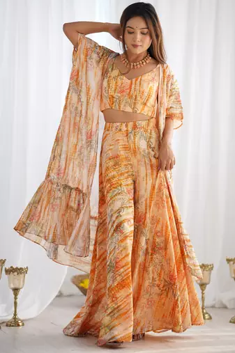 Peach orange floral printed soft fox georgette fully stitched crop top with flared palazzo set