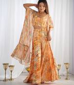 Peach orange floral printed soft fox georgette fully stitched crop top with flared palazzo set