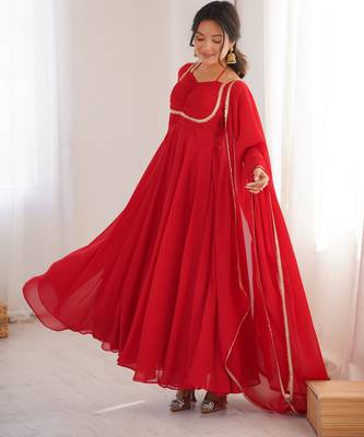 Red pure fox blooming georgette fully stitched flared anarkali gown with designer dori neck 4