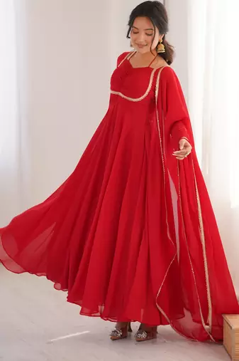 Red pure fox blooming georgette fully stitched flared anarkali gown with designer dori neck