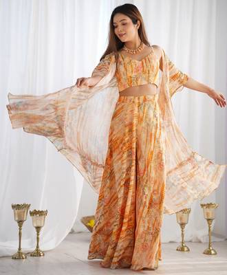 Peach orange floral printed soft fox georgette fully stitched crop top with flared palazzo set 2