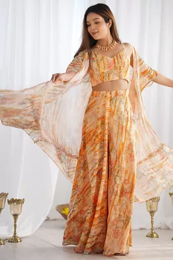 Peach orange floral printed soft fox georgette fully stitched crop top with flared palazzo set