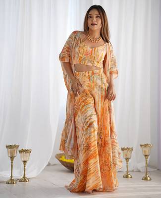 Peach orange floral printed soft fox georgette fully stitched crop top with flared palazzo set 3
