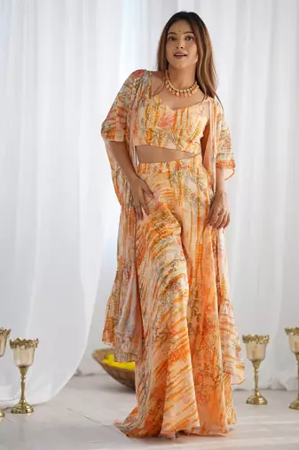 Peach orange floral printed soft fox georgette fully stitched crop top with flared palazzo set