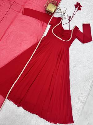 Red pure fox blooming georgette fully stitched flared anarkali gown with designer dori neck 5