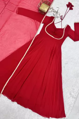Red pure fox blooming georgette fully stitched flared anarkali gown with designer dori neck