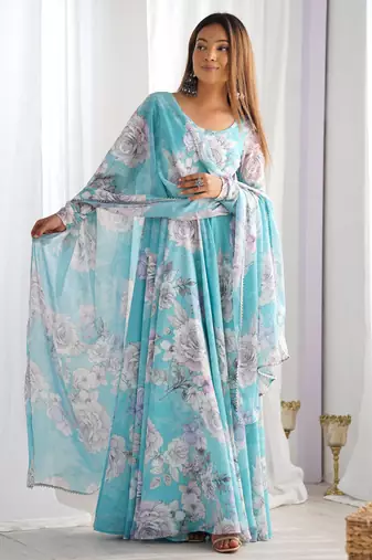 Sky blue floral printed pure fox georgette fully stitched flared anarkali gown
