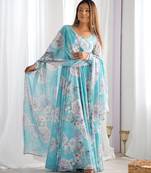 Sky blue floral printed pure fox georgette fully stitched flared anarkali gown