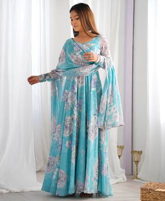 Sky blue floral printed pure fox georgette fully stitched flared anarkali gown 2