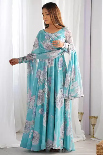 Sky blue floral printed pure fox georgette fully stitched flared anarkali gown
