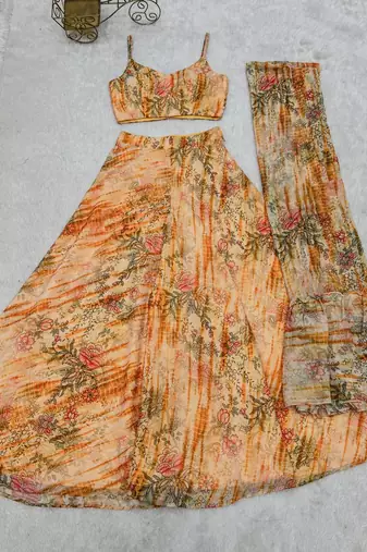 Peach orange floral printed soft fox georgette fully stitched crop top with flared palazzo set
