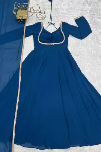 Teal blue pure fox blooming georgette fully stitched flared anarkali gown with designer dori neck