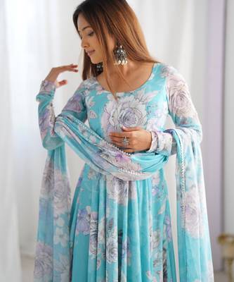 Sky blue floral printed pure fox georgette fully stitched flared anarkali gown 3