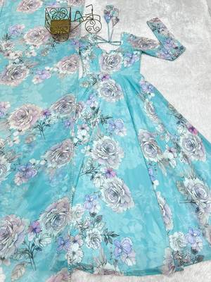 Sky blue floral printed pure fox georgette fully stitched flared anarkali gown 5