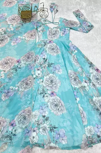 Sky blue floral printed pure fox georgette fully stitched flared anarkali gown