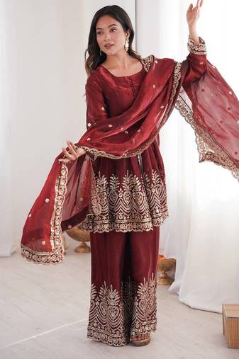 Maroon two tone fandy silk heavy embroidery sequins & mirror work fully stitched kurti palazzo set