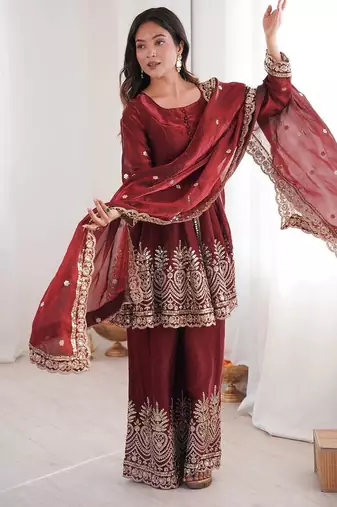 Maroon two tone fandy silk heavy embroidery sequins & mirror work fully stitched kurti palazzo set