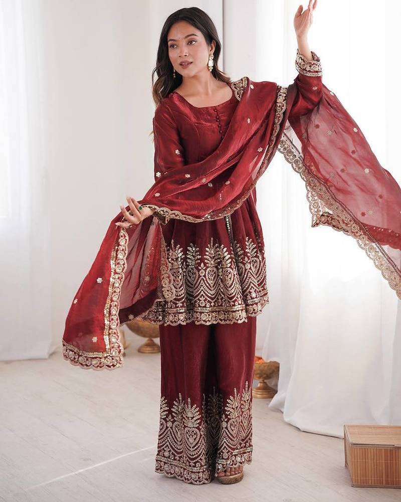 Maroon two tone fandy silk heavy embroidery sequins & mirror work fully stitched kurti palazzo set