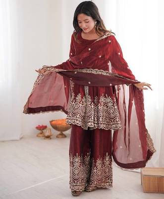 Maroon two tone fandy silk heavy embroidery sequins & mirror work fully stitched kurti palazzo set 2