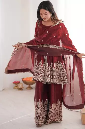 Maroon two tone fandy silk heavy embroidery sequins & mirror work fully stitched kurti palazzo set