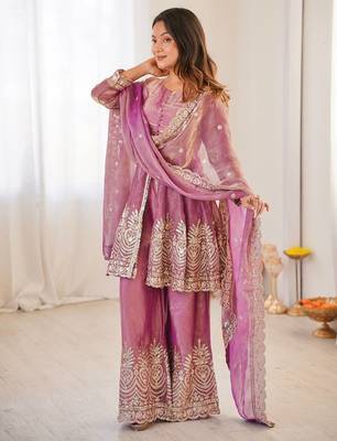 Pink two tone fandy silk heavy embroidery sequins & mirror work fully stitched kurti palazzo set 1