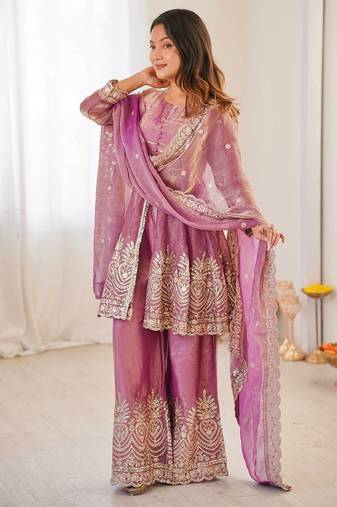 Pink two tone fandy silk heavy embroidery sequins & mirror work fully stitched kurti palazzo set