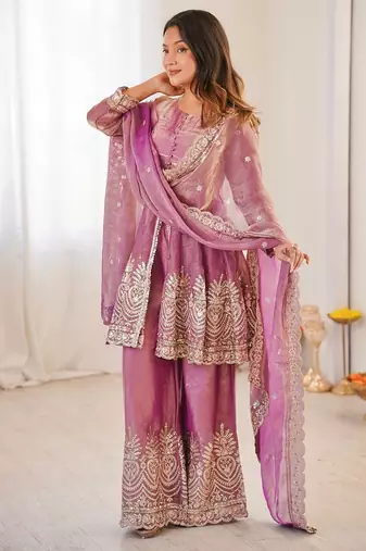 Pink two tone fandy silk heavy embroidery sequins & mirror work fully stitched kurti palazzo set