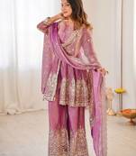 Pink two tone fandy silk heavy embroidery sequins & mirror work fully stitched kurti palazzo set