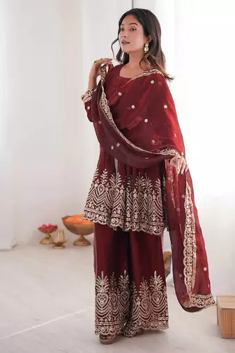 Maroon two tone fandy silk heavy embroidery sequins & mirror work fully stitched kurti palazzo set