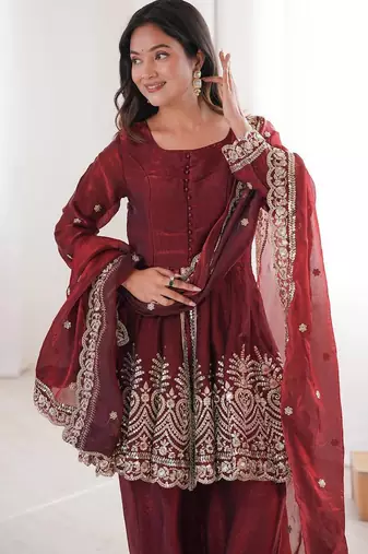 Maroon two tone fandy silk heavy embroidery sequins & mirror work fully stitched kurti palazzo set