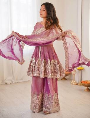Pink two tone fandy silk heavy embroidery sequins & mirror work fully stitched kurti palazzo set 2