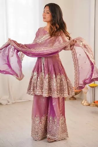 Pink two tone fandy silk heavy embroidery sequins & mirror work fully stitched kurti palazzo set