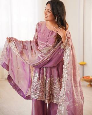 Pink two tone fandy silk heavy embroidery sequins & mirror work fully stitched kurti palazzo set 4