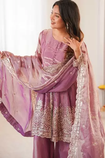 Pink two tone fandy silk heavy embroidery sequins & mirror work fully stitched kurti palazzo set