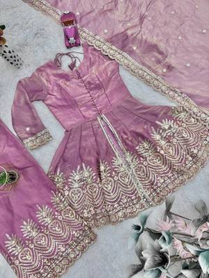 Pink two tone fandy silk heavy embroidery sequins & mirror work fully stitched kurti palazzo set 5