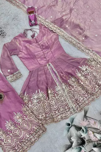 Pink two tone fandy silk heavy embroidery sequins & mirror work fully stitched kurti palazzo set