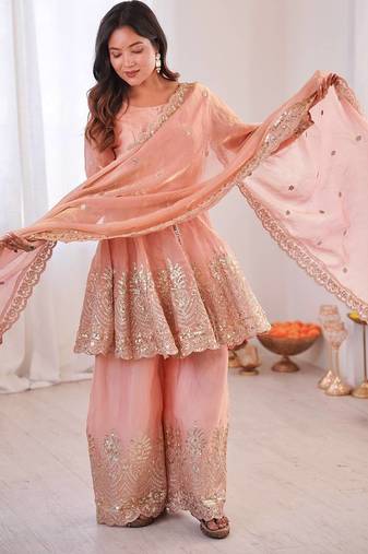 Peach two tone fandy silk heavy embroidery sequins & mirror work fully stitched kurti palazzo set