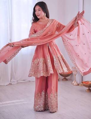Blush pink two tone fandy silk heavy embroidery sequins & mirror work fully stitched kurti palazzo set 1