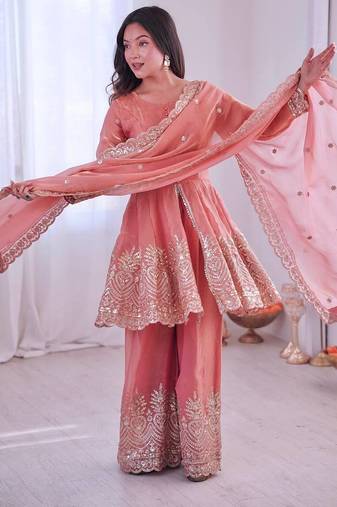 Blush pink two tone fandy silk heavy embroidery sequins & mirror work fully stitched kurti palazzo set