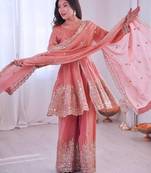 Blush pink two tone fandy silk heavy embroidery sequins & mirror work fully stitched kurti palazzo set