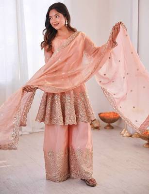 Peach two tone fandy silk heavy embroidery sequins & mirror work fully stitched kurti palazzo set 3
