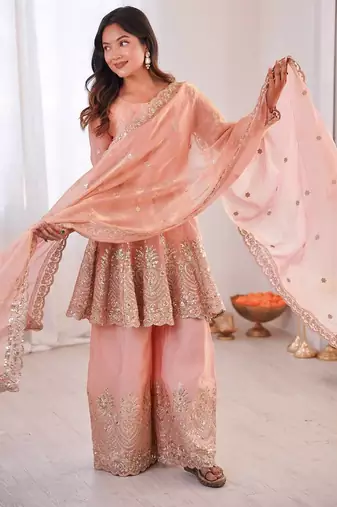 Peach two tone fandy silk heavy embroidery sequins & mirror work fully stitched kurti palazzo set