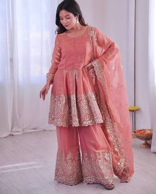 Blush pink two tone fandy silk heavy embroidery sequins & mirror work fully stitched kurti palazzo set 2