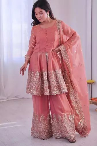 Blush pink two tone fandy silk heavy embroidery sequins & mirror work fully stitched kurti palazzo set