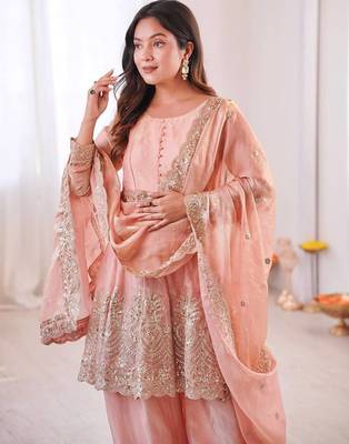 Peach two tone fandy silk heavy embroidery sequins & mirror work fully stitched kurti palazzo set 4