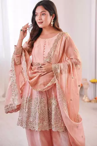 Peach two tone fandy silk heavy embroidery sequins & mirror work fully stitched kurti palazzo set