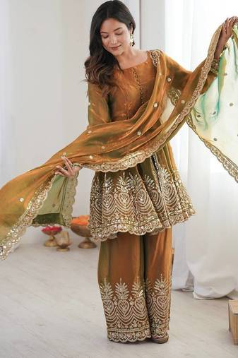 Olive green two tone fandy silk heavy embroidery sequins & mirror work fully stitched kurti palazzo set