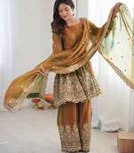 Olive green two tone fandy silk heavy embroidery sequins & mirror work fully stitched kurti palazzo set